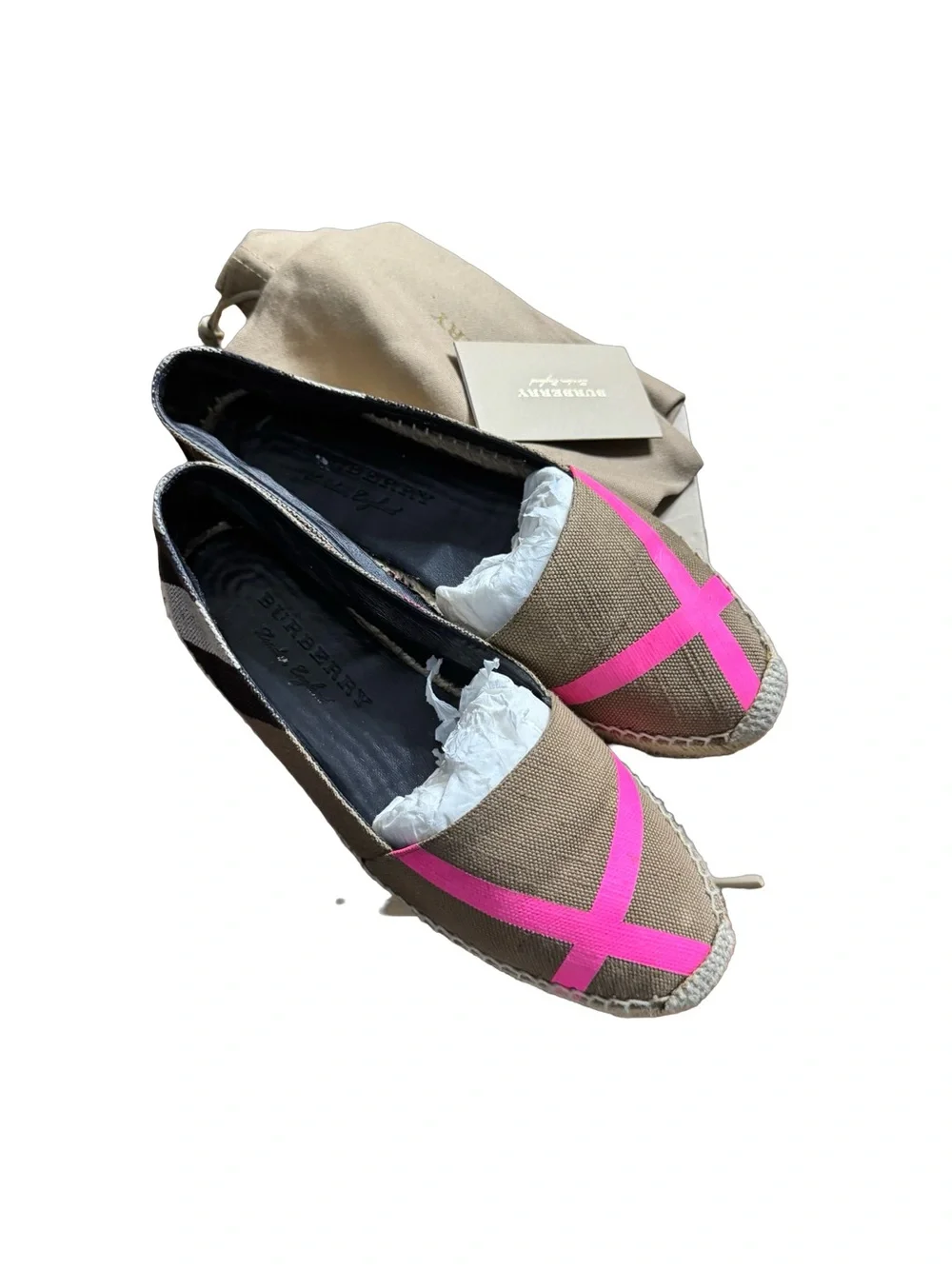 Burberry Neon Pink Tape & House Check Canvas Espadrilles Size 39 W/ Box - Picture 3 of 10